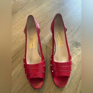 Vintage Salvatore Ferragamo Red Open-Toe Slingback Heels